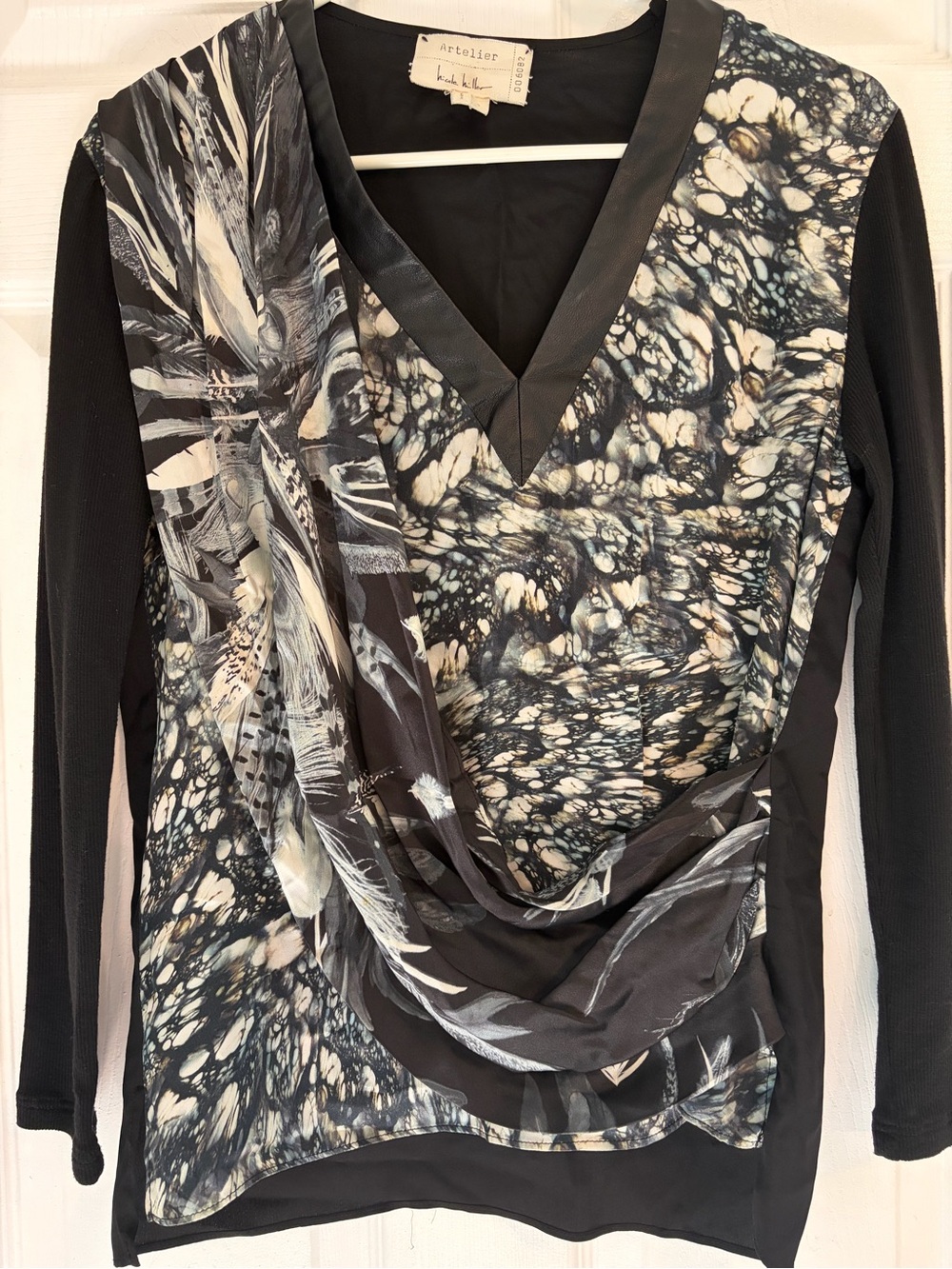 Artelier by Nicole Miller 100% Silk & Leather Trim Asymmetrical Drape Top Size S